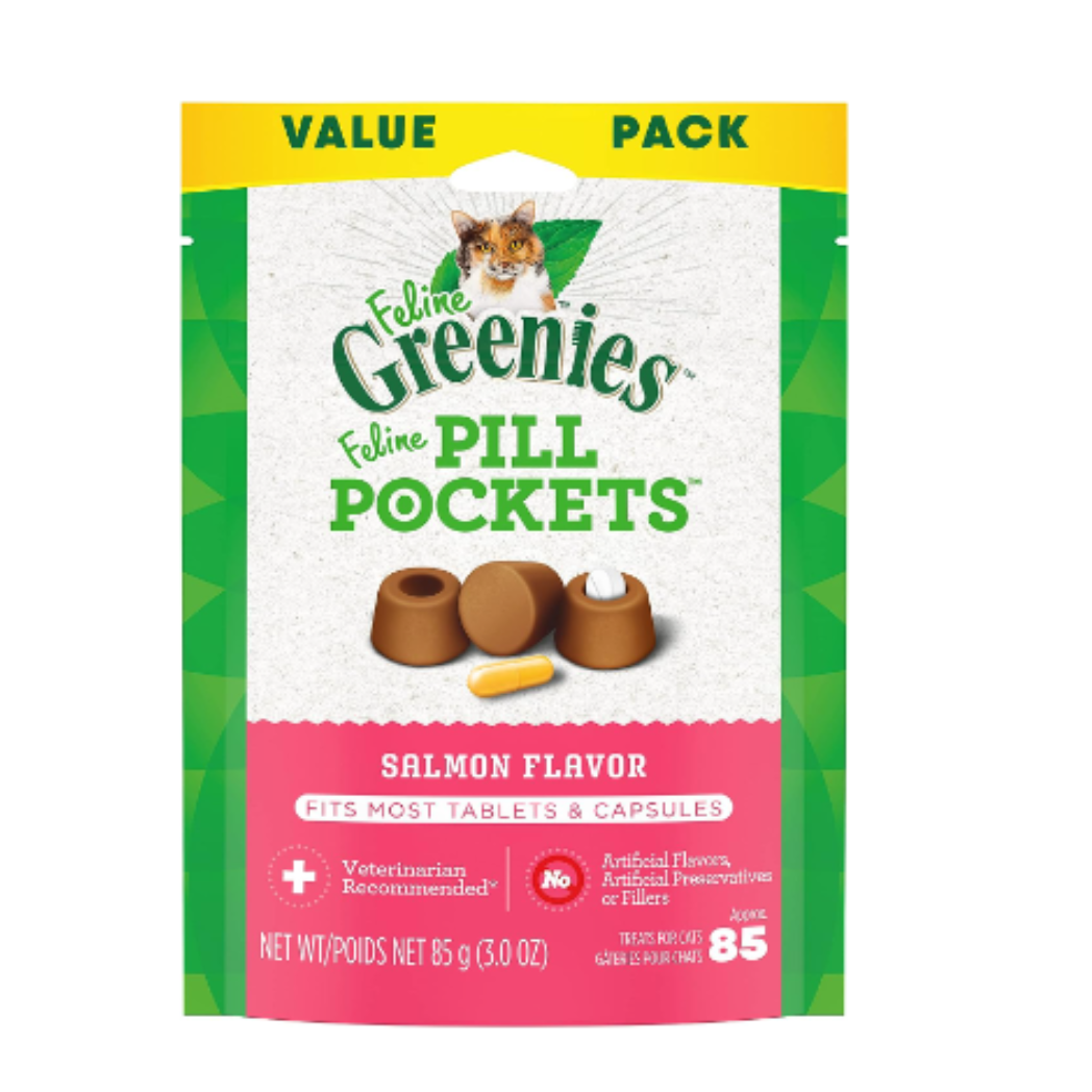 Greenies Feline Pill Pockets for Cats Natural Soft Cat Treats, Salmon Flavor, 3 oz. 85 Treats