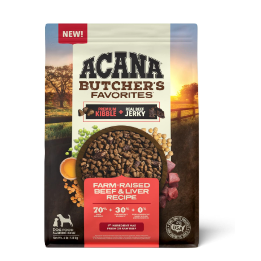 ACANA Butcher's Favorites Dry Dog Food, Farm-Raised Beef & Liver Recipe, Dry Kibble and Beef Jerky Pieces, 4lb